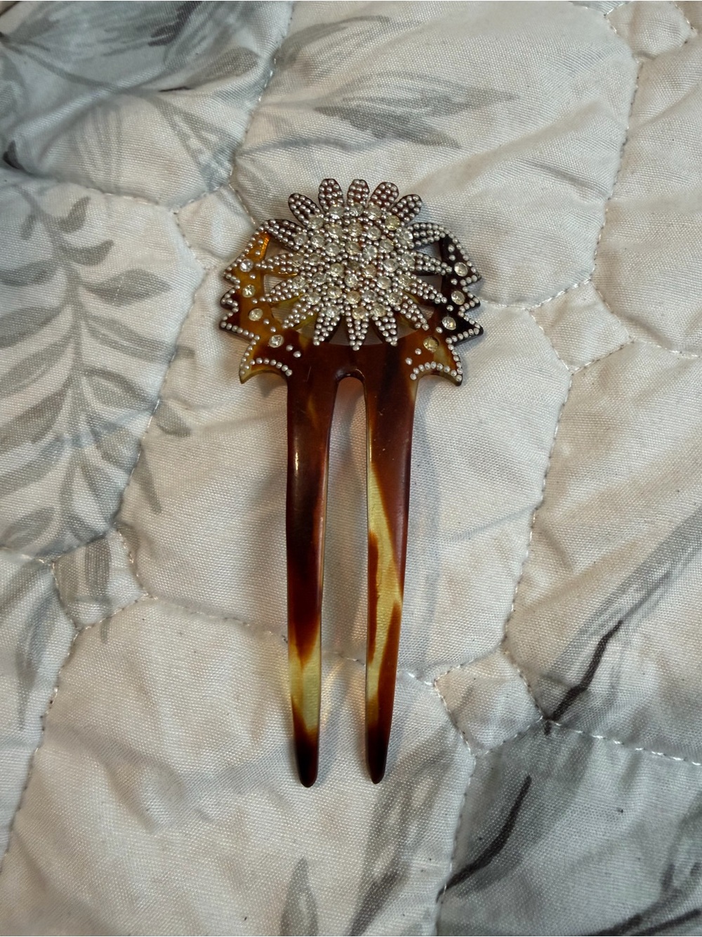 Vintage faux Tortoiseshell Floral Rhinestone Hair Fork - Brown